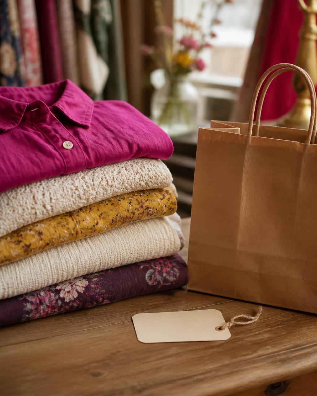 Peças de roupa de brechó dobradas com etiqueta de preço, simbolizando o valor real da moda sustentável